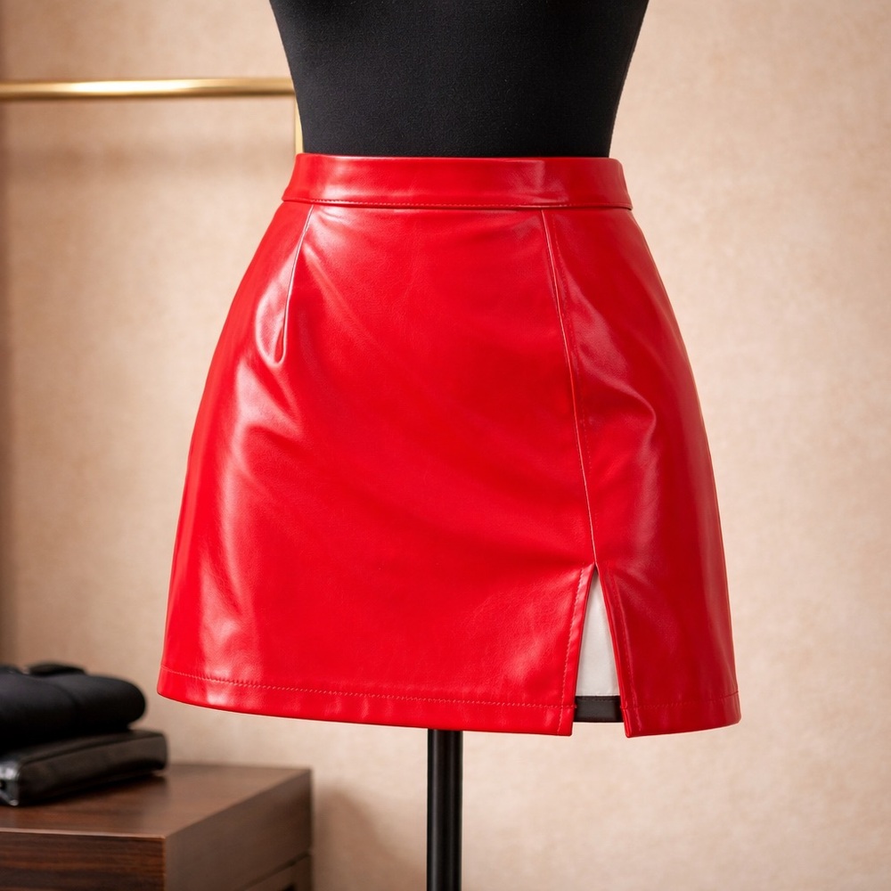 GUANYY Red Faux Leather High Waisted Mini Skirt with Slit Size M – Smooth Finish